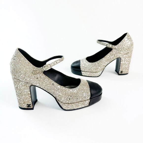 CHANEL 2023 Light Gold Glitter Black Mary Jane Heels 36 Cap Toe CC Logo Platform - Picture 4 of 16